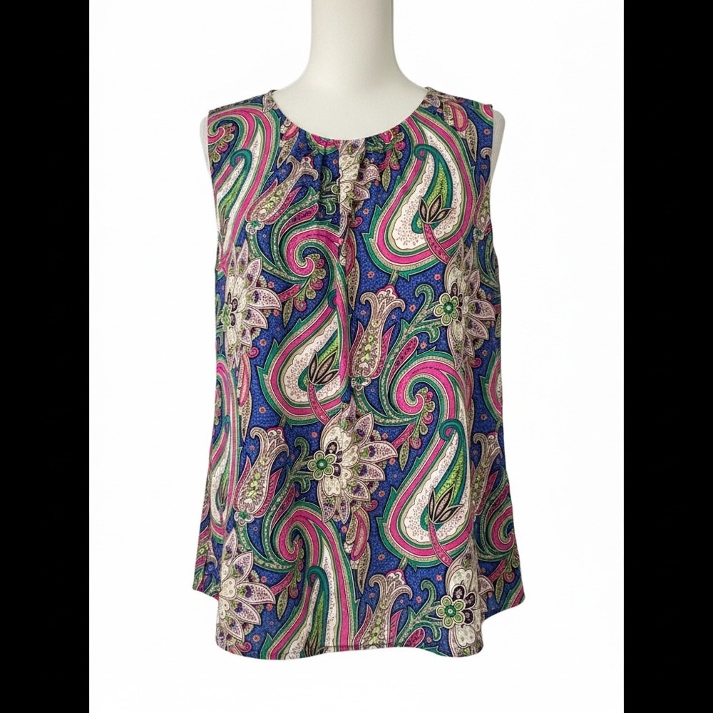Talbots Size 16 100% Silk Paisley Sleeveless Blouse Jewel Tone Pleated Shell EUC